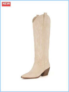 Knee High Cowboy Boots Pointed Toe Block Heel Faux Suede Embroidered